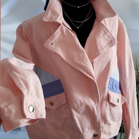 Forever 2+🎀Retro Pink Colorblock Big Pocket Denim Jacket - Picture 4 of 10